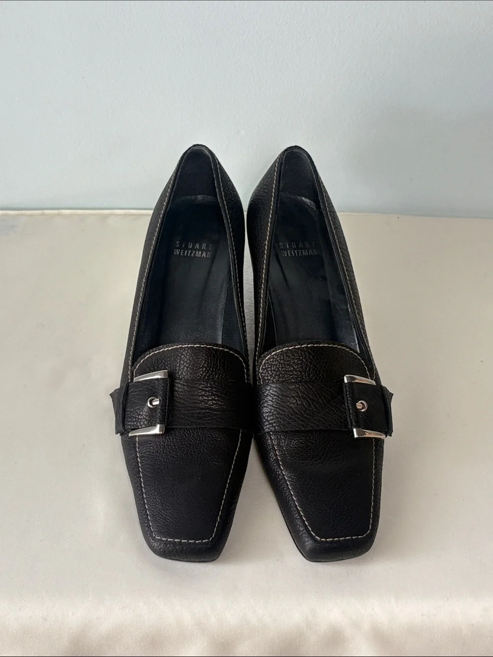 Stuart Weitzman Black Leather Square-Toe Buckle Loafers